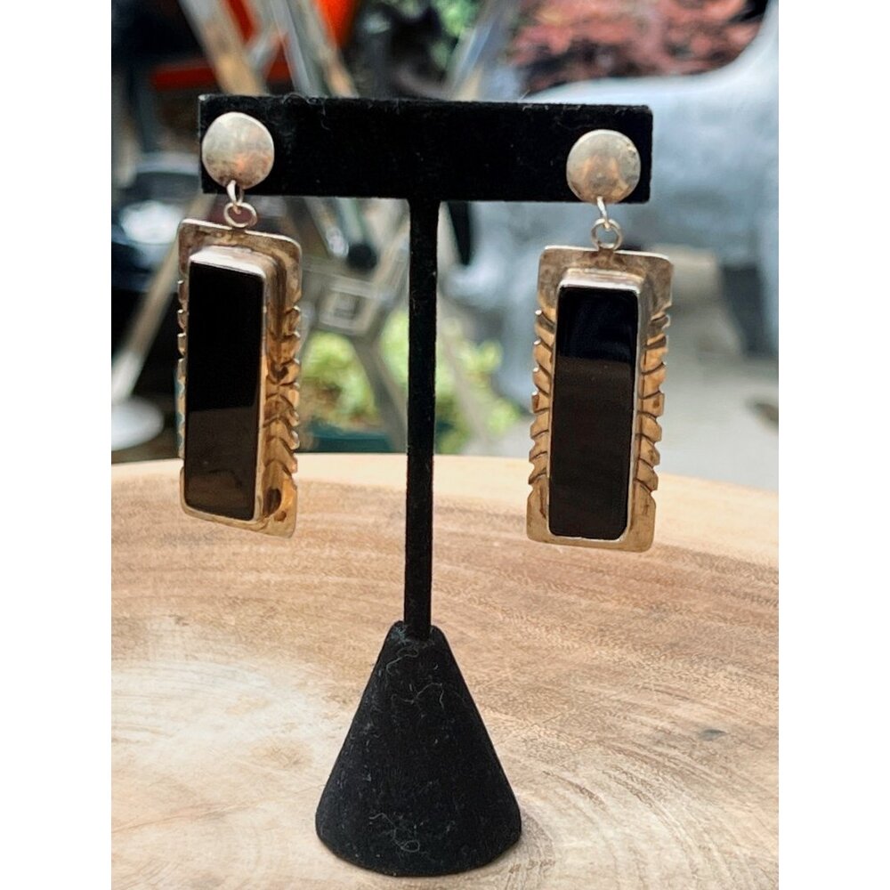Vintage Mexican Sterling Silver & Black Onyx Dangle Earrings Rectangular Design